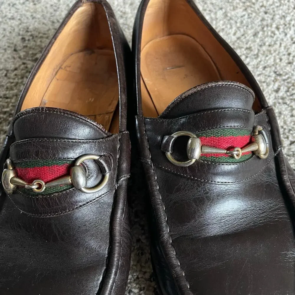 Vintage Gucci Horsebit Loafer Brown Leather Green Red Web Men's EU 46.5 / US 12